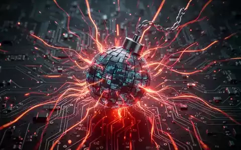 Abstrakte Darstellung einer digitalen Bombe oder explodierenden Netzwerkpakets, umgeben von roten Linien und Schaltkreisen, symbolisiert eine kritische Schwachstelle. - Foto: über boerse-global.de