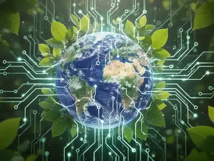 Ein stilisiertes neuronales Netzwerk, das mit grünen Blättern verschmilzt, symbolisiert die Integration von KI und Nachhaltigkeit. - Foto: über boerse-global.de