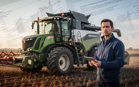Ein besorgter Landwirt steht neben einem gebrauchten Traktor auf einem Feld und hält Dokumente in der Hand, die neue Steuerregeln symbolisieren. - Foto: über boerse-global.de