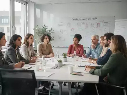 Eine vielfältige Gruppe von Menschen diskutiert in einem modernen Konferenzraum in Berlin, Fokus auf Geschlechter- und Sexualitätsthemen. - Foto: über boerse-global.de