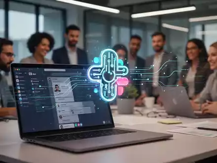 A stylized AI agent icon glowing over a blurred Slack interface on a laptop, symbolizing AI integration in team collaboration. - Foto: über boerse-global.de