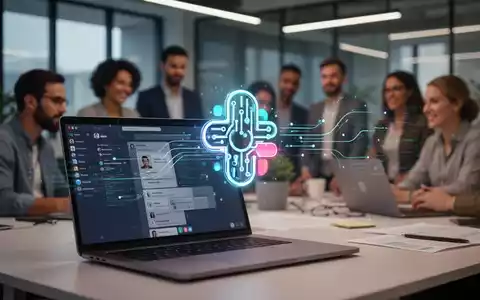A stylized AI agent icon glowing over a blurred Slack interface on a laptop, symbolizing AI integration in team collaboration. - Foto: über boerse-global.de