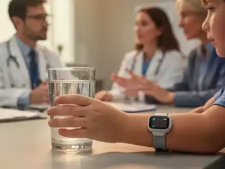 Ein Kind mit einem Blutzuckermessgerät am Arm hält ein Glas Wasser, während im Hintergrund ein Arzt und ein Elternteil sprechen. - Foto: über boerse-global.de