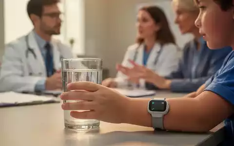 Ein Kind mit einem Blutzuckermessgerät am Arm hält ein Glas Wasser, während im Hintergrund ein Arzt und ein Elternteil sprechen. - Foto: über boerse-global.de