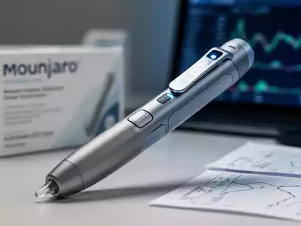 Ein moderner, eleganter Injektionspen, der auf einem unscharfen Hintergrund von Pharmaverpackungen und medizinischen Daten liegt. - Foto: über boerse-global.de