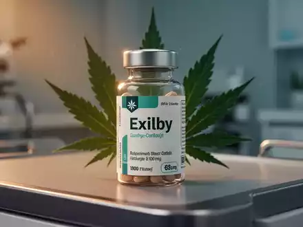 Eine Nahaufnahme einer pharmazeutischen Flasche mit der Aufschrift 'Exilby', im Hintergrund ein angedeutetes Cannabisblatt. - Foto: über boerse-global.de