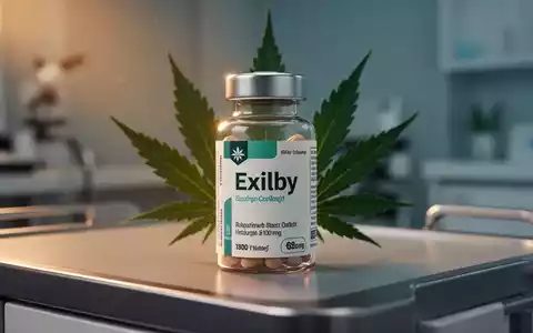 Eine Nahaufnahme einer pharmazeutischen Flasche mit der Aufschrift 'Exilby', im Hintergrund ein angedeutetes Cannabisblatt. - Foto: über boerse-global.de