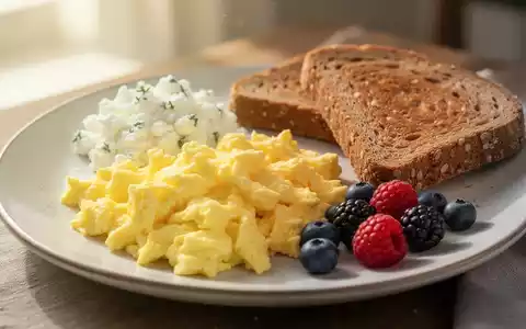 Ein ausgewogenes Frühstück mit Rührei, Hüttenkäse, Vollkorntoast und Beeren, das einen gesunden Start in den Tag symbolisiert. - Foto: über boerse-global.de