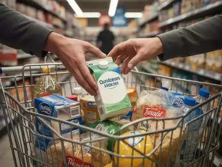 Eine Hand legt ein unbeschriftetes Produkt in einen Einkaufswagen, umgeben von anderen günstigen Artikeln in einem Supermarktgang. - Foto: über boerse-global.de