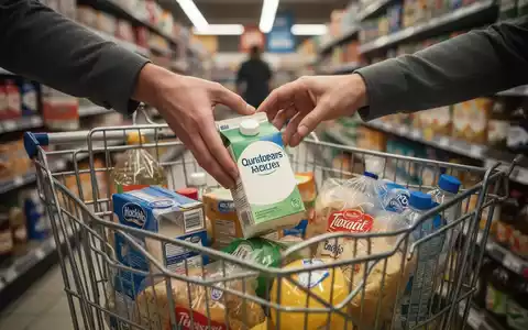 Eine Hand legt ein unbeschriftetes Produkt in einen Einkaufswagen, umgeben von anderen günstigen Artikeln in einem Supermarktgang. - Foto: über boerse-global.de