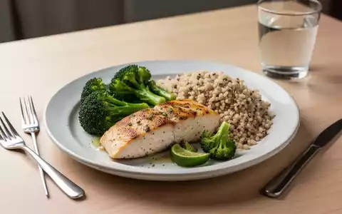 Ein ausgewogener, gesunder Ernährungsplan mit magerem Fisch, grünem Gemüse, Vollkornprodukten und einem Glas Wasser auf einem Holztisch. - Foto: über boerse-global.de