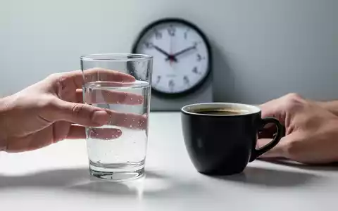 Eine Hand hält ein Glas Wasser neben einer Tasse schwarzem Kaffee, mit einer verschwommenen Uhr im Hintergrund, die Zeit symbolisiert. - Foto: über boerse-global.de