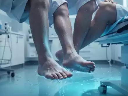 Nahaufnahme von leicht erhöhten Beinen, die von einem kühlen, blauen Licht umgeben sind, was medizinische Pflege und Linderung symbolisiert. - Foto: über boerse-global.de