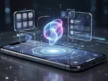 A close-up of a modern smartphone screen displaying a futuristic iOS interface with glowing 'Liquid Glass' elements and an AI icon. - Foto: über boerse-global.de