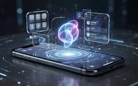 A close-up of a modern smartphone screen displaying a futuristic iOS interface with glowing 'Liquid Glass' elements and an AI icon. - Foto: über boerse-global.de