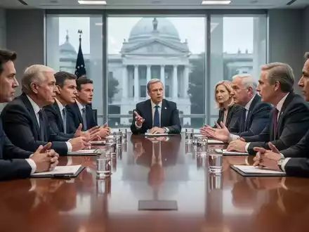 Wirtschaftsvertreter und Politiker im Gespräch an einem Konferenztisch, Symbol für Dialog und Verhandlungen. - Foto: über boerse-global.de