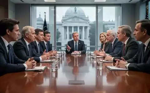 Wirtschaftsvertreter und Politiker im Gespräch an einem Konferenztisch, Symbol für Dialog und Verhandlungen. - Foto: über boerse-global.de