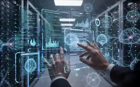A close-up of hands interacting with a holographic interface displaying data, code, and text, symbolizing AI-powered research and writing. - Foto: über boerse-global.de
