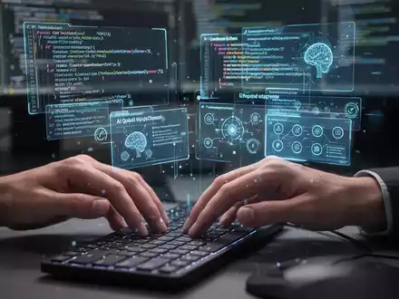 Close-up of hands typing on a keyboard, with holographic code snippets and AI interfaces floating above, illustrating AI code quality checks. - Foto: über boerse-global.de