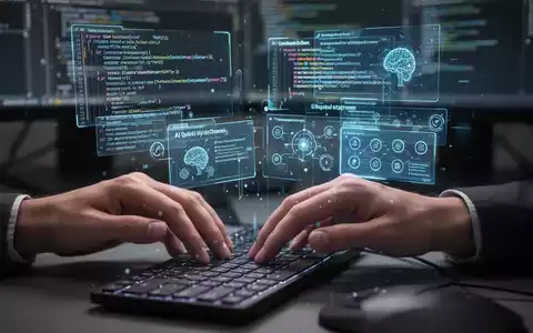 Close-up of hands typing on a keyboard, with holographic code snippets and AI interfaces floating above, illustrating AI code quality checks. - Foto: über boerse-global.de