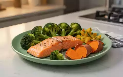 Ein Teller mit einem gesunden Kinderabendessen, bestehend aus Lachs, Brokkoli und Süßkartoffeln, auf einem Küchentresen. - Foto: über boerse-global.de