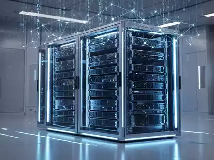 Sleek server rack with glowing blue lights and subtle digital overlays, representing advanced computing and system updates. - Foto: über boerse-global.de