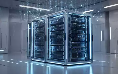 Sleek server rack with glowing blue lights and subtle digital overlays, representing advanced computing and system updates. - Foto: über boerse-global.de