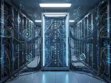 A futuristic server room with glowing blue lights, intricate network cables, and an abstract data visualization overlay, focusing on an illuminated server rack. - Foto: über boerse-global.de