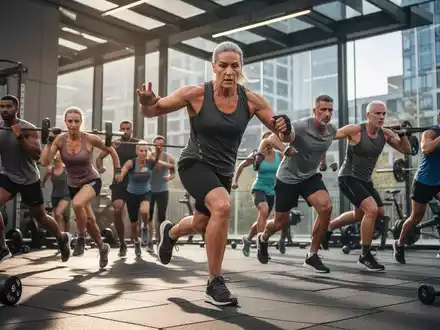 Eine vielfältige Gruppe von Menschen jeden Alters, die gemeinsam ein intensives Workout in einem modernen Fitnessstudio absolvieren. - Foto: über boerse-global.de