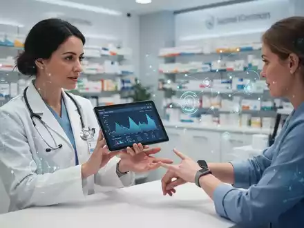 Ein Gesundheitsberater erklärt einem Patienten digitale Gesundheitsdaten auf einem Tablet, während der Patient auf ein Wearable am Handgelenk zeigt. - Foto: über boerse-global.de