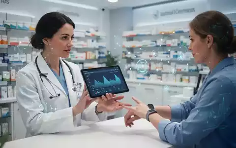 Ein Gesundheitsberater erklärt einem Patienten digitale Gesundheitsdaten auf einem Tablet, während der Patient auf ein Wearable am Handgelenk zeigt. - Foto: über boerse-global.de
