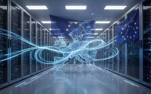 A secure, futuristic data center with blue light trails, symbolizing AI-driven security and data flow within Europe. - Foto: über boerse-global.de