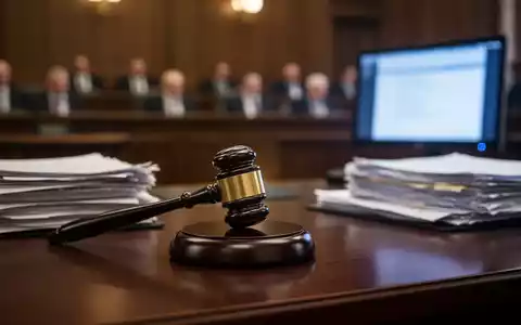 Ein verschwommener Gerichtssaalhintergrund mit einem Hammer auf einem dunklen Holzschreibtisch im Vordergrund, symbolisiert rechtliches Risiko. - Foto: über boerse-global.de