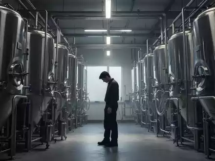 Ein einsamer Arbeiter steht nachdenklich in einer großen, modernen Brauerei, umgeben von glänzenden Edelstahltanks. - Foto: über boerse-global.de