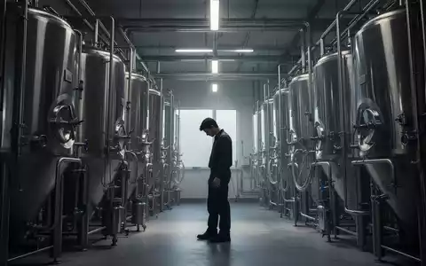 Ein einsamer Arbeiter steht nachdenklich in einer großen, modernen Brauerei, umgeben von glänzenden Edelstahltanks. - Foto: über boerse-global.de