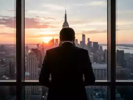 Ein Manager oder CEO blickt von hinten aus einem grossen Bürofenster auf eine belebte Stadtlandschaft bei Sonnenuntergang. - Foto: über boerse-global.de