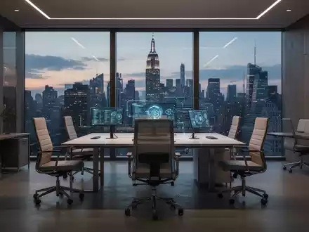 Ein modernes, leeres Büro mit ergonomischen Möbeln und großen Fenstern, die eine Stadtansicht bei Sonnenuntergang zeigen. - Foto: über boerse-global.de