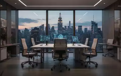 Ein modernes, leeres Büro mit ergonomischen Möbeln und großen Fenstern, die eine Stadtansicht bei Sonnenuntergang zeigen. - Foto: über boerse-global.de