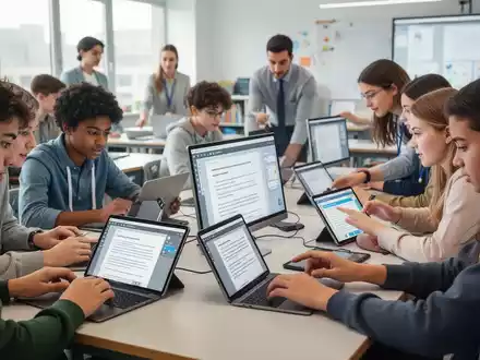 Schüler und Lehrer arbeiten gemeinsam an Tablets und Laptops in einem modernen Klassenzimmer, digitale Dokumente auf den Bildschirmen. - Foto: über boerse-global.de