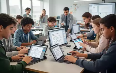 Schüler und Lehrer arbeiten gemeinsam an Tablets und Laptops in einem modernen Klassenzimmer, digitale Dokumente auf den Bildschirmen. - Foto: über boerse-global.de