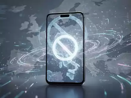 A smartphone with a glowing AI interface, surrounded by data streams. In the background, a map of Europe with a 'no entry' symbol. - Foto: über boerse-global.de