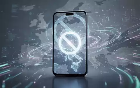 A smartphone with a glowing AI interface, surrounded by data streams. In the background, a map of Europe with a 'no entry' symbol. - Foto: über boerse-global.de