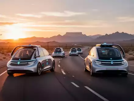 Eine Flotte von futuristischen, autonomen Elektro-Robotaxis fährt bei Sonnenuntergang auf einer Wüstenautobahn in Nevada. - Foto: über boerse-global.de