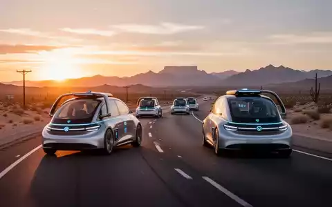 Eine Flotte von futuristischen, autonomen Elektro-Robotaxis fährt bei Sonnenuntergang auf einer Wüstenautobahn in Nevada. - Foto: über boerse-global.de