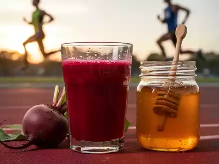 Ein Glas Rote-Bete-Saft und ein Glas Honig auf einem Tisch, im Hintergrund ein unscharfer Läufer auf einer Bahn. - Foto: über boerse-global.de