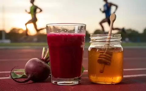 Ein Glas Rote-Bete-Saft und ein Glas Honig auf einem Tisch, im Hintergrund ein unscharfer Läufer auf einer Bahn. - Foto: über boerse-global.de