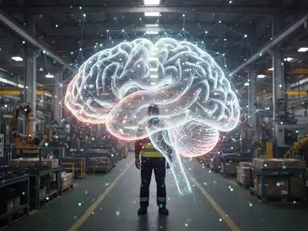 Ein stilisiertes, leuchtendes neuronales Netz, das sich über eine Fabrikhalle legt, mit einer menschlichen Silhouette im Vordergrund. - Foto: über boerse-global.de