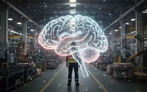 Ein stilisiertes, leuchtendes neuronales Netz, das sich über eine Fabrikhalle legt, mit einer menschlichen Silhouette im Vordergrund. - Foto: über boerse-global.de