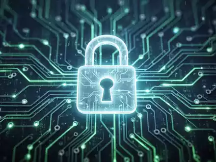 Ein leuchtendes digitales Schloss über einem stilisierten neuronalen Netz, das Datensicherheit und KI-Schutz symbolisiert. - Foto: über boerse-global.de