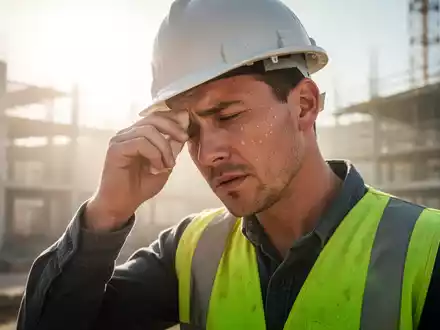 Ein Bauarbeiter wischt sich unter der gleißenden Sonne den Schweiß von der Stirn, was Hitzestress am Arbeitsplatz symbolisiert. - Foto: über boerse-global.de